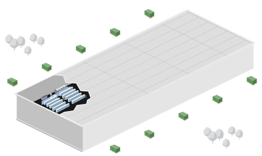 Isometric illustration of a large warehouse with a small section configured as a data center